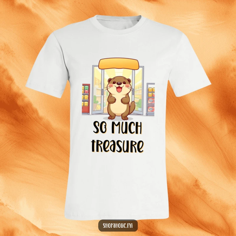 Funny otter t-shirt, exiting a store laden with shopping bags, depicting ultimate delight and success, a humorous gift.