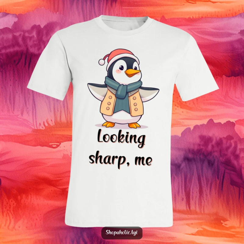 Funny penguin t-shirt, proudly showing off a chic new outfit with a dramatic flourish, demonstrating fashion flair, a gift.