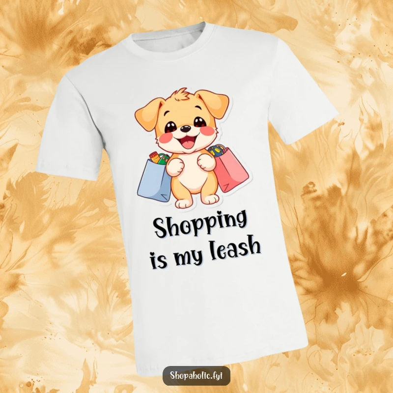 Funny puppy t-shirt depicting a delighted puppy with shopping bags overflowing with colorful items.