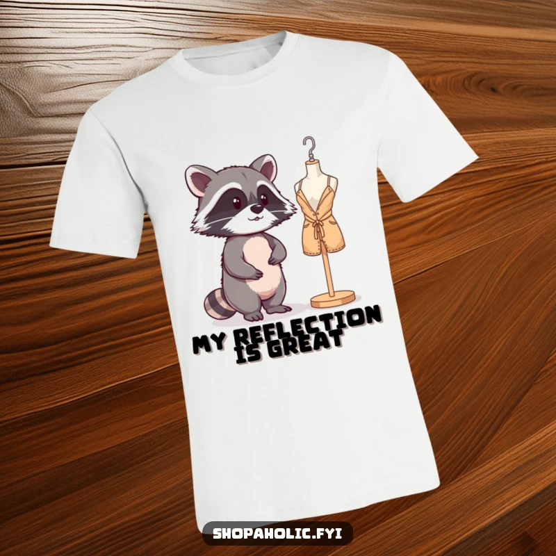 Funny Raccoon Mannequin T-Shirt: A mischievous raccoon admires itself in a shop window mannequin, looking quite pleased. Stylish and amusing.