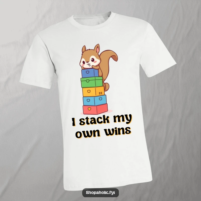 Funny Squirrel Box Tower T-Shirt - A determined squirrel balances a vibrant tower of boxes, representing ambition and a humorous challenge.