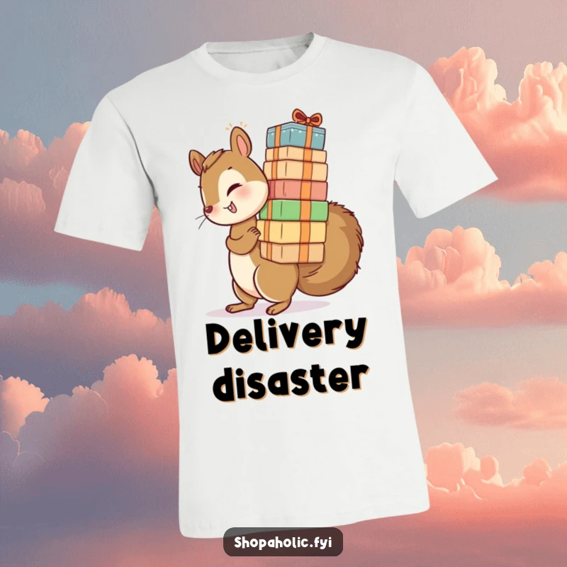 Funny t-shirt featuring a playful squirrel attempting to balance a towering stack of packages. Relatable delivery struggle.
