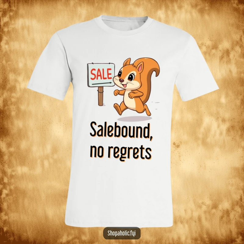 Funny squirrel t-shirt featuring a determined squirrel sprinting full-speed towards a vibrant sale sign, ready to pounce.