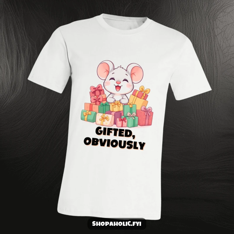 Funny t-shirt print of a small, giggling mouse character peeking over a massive, overflowing pile of brightly wrapped gift boxes, radiating pure joy.