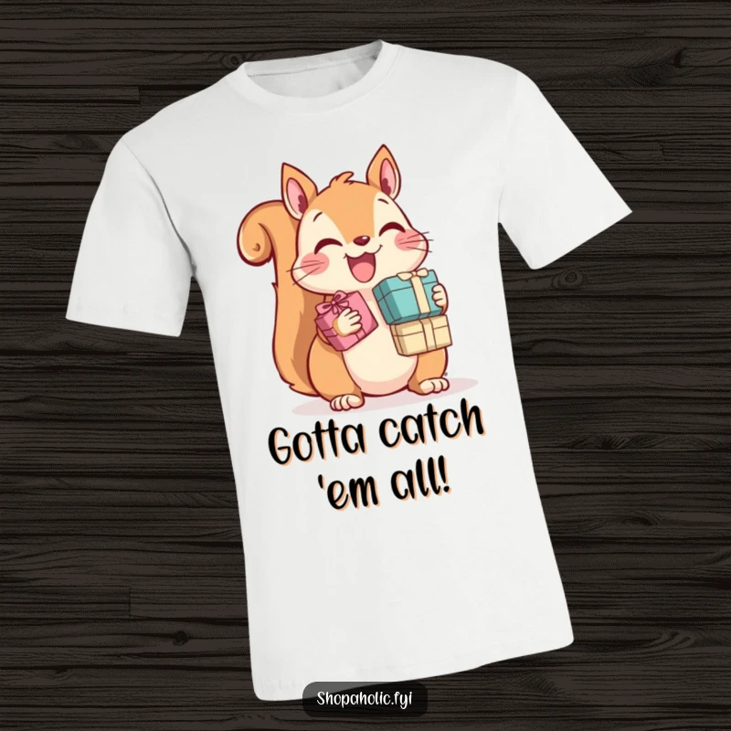 Funny Squirrel T-Shirt: A joyful squirrel is shown ecstatically clutching several small gift boxes, embodying pure present excitement.