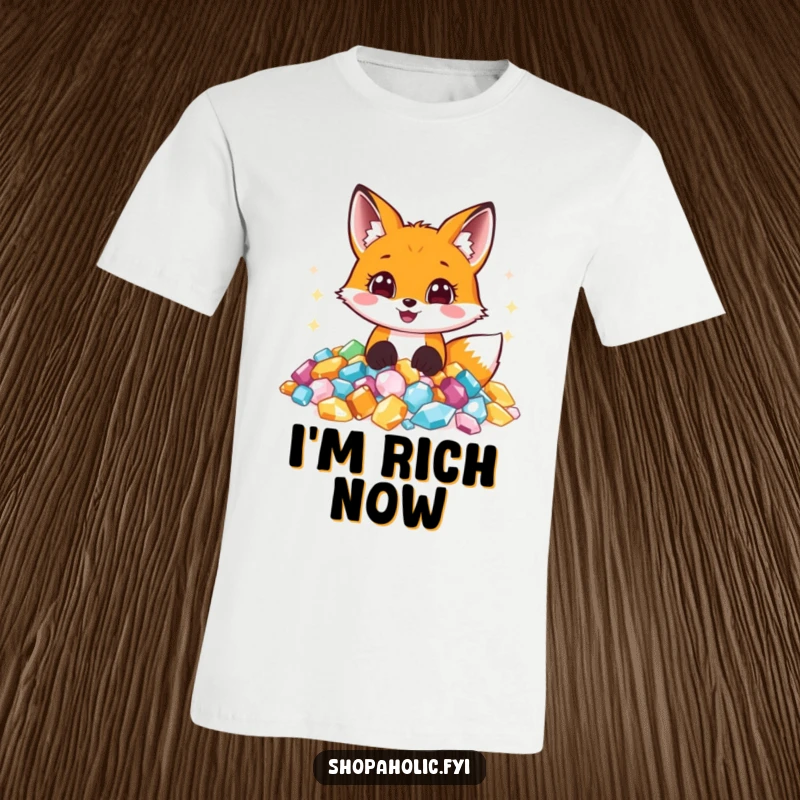 Funny T-shirt showcasing a joyful fox reveling in a massive pile of dazzling, sparkling jewels, eyes wide with delightful surprise.