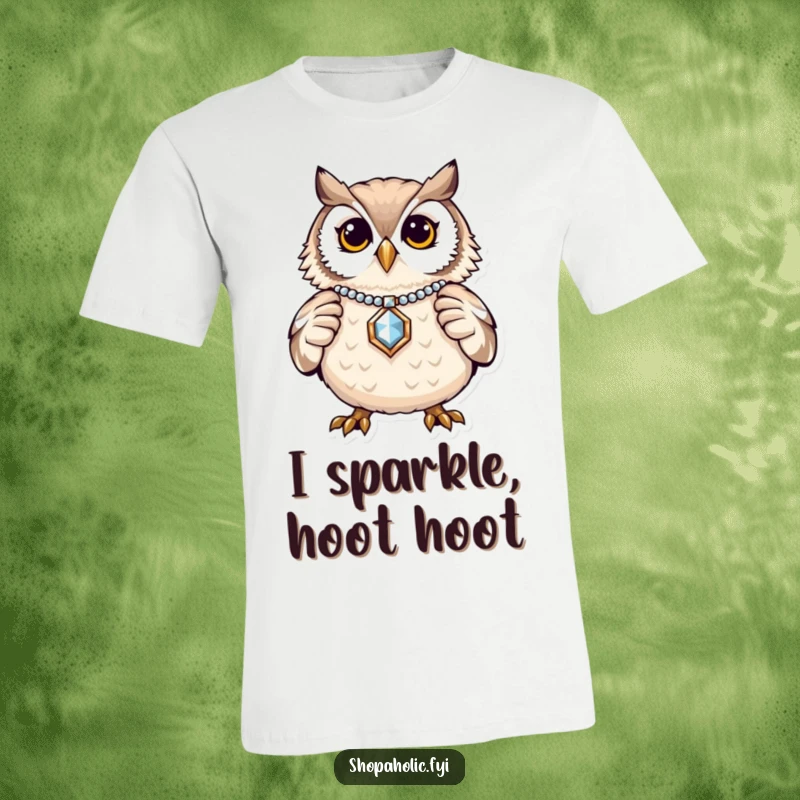 Funny Owl Jewelry T-Shirt: A proud owl wearing a dazzling piece of jewelry, radiating confidence. Stylish and amusing.