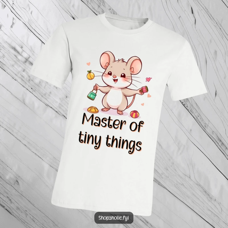 Funny Mouse Juggling T-Shirt - A cute, happy mouse is depicted juggling several tiny, desirable trinkets with great enthusiasm.