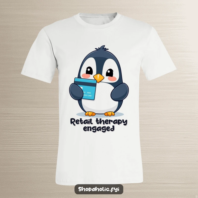 Funny t-shirt with a beaming penguin holding a credit card, expressing pure delight and the joy of shopping.