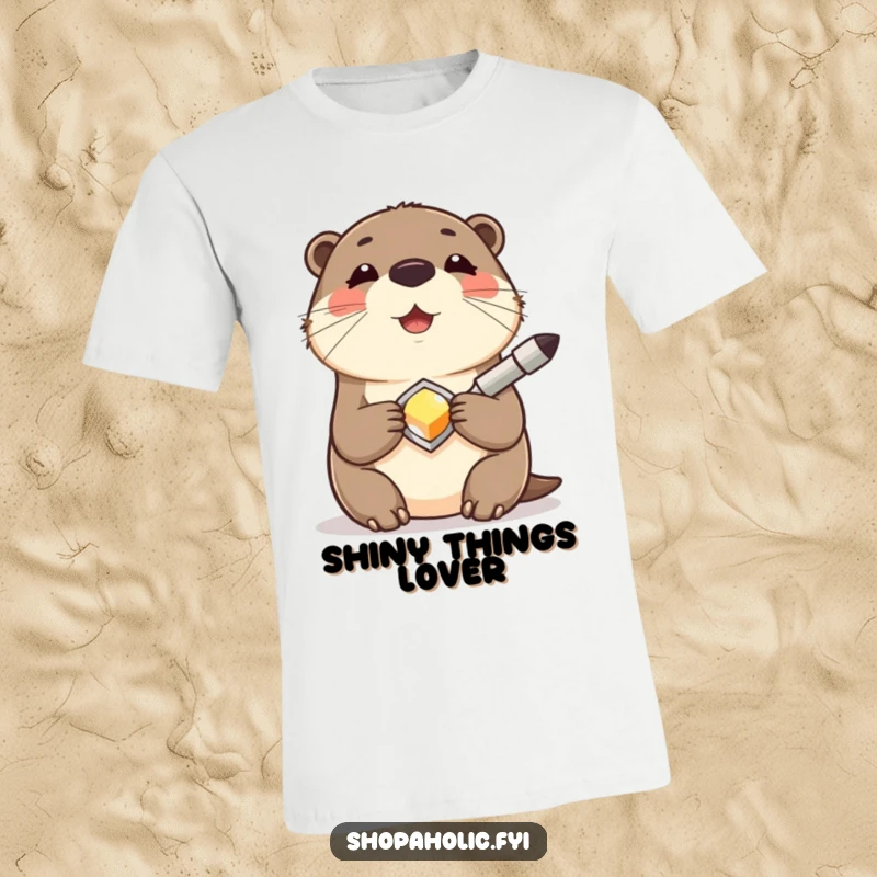 Funny Otter T-Shirt depicting a contented otter smiling while holding a shiny new accessory, celebrating joy and the thrill of a new item.