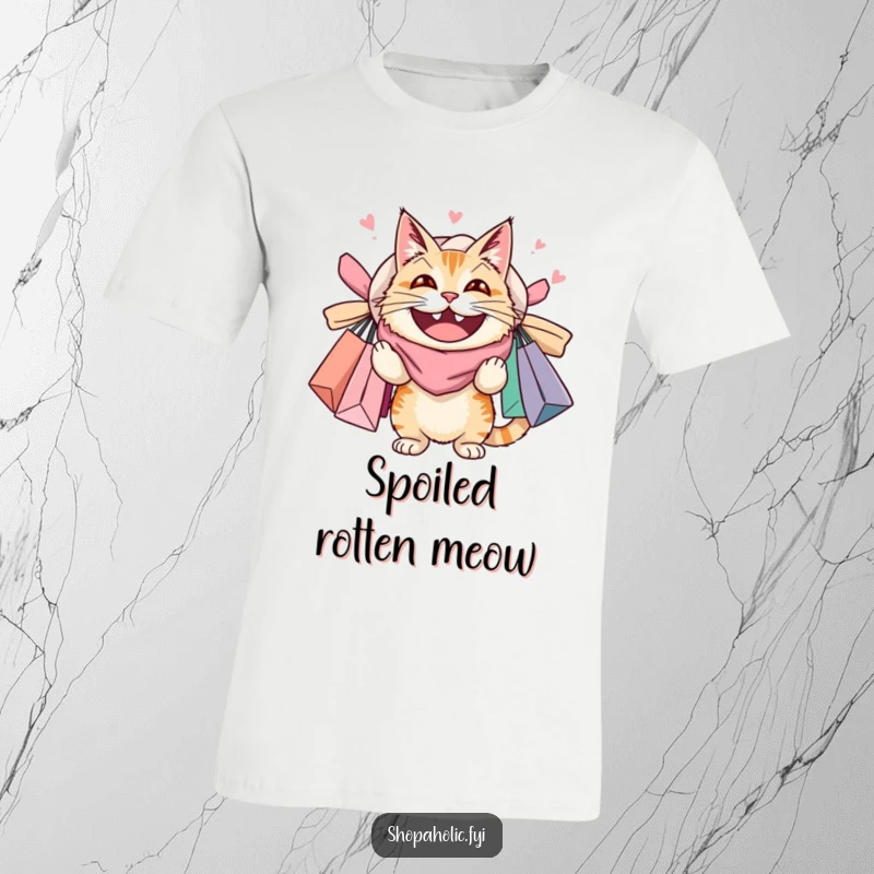 Funny T-shirt of a cat with a huge grin, completely overloaded with overflowing shopping bags, celebrating a love for fashion and retail.