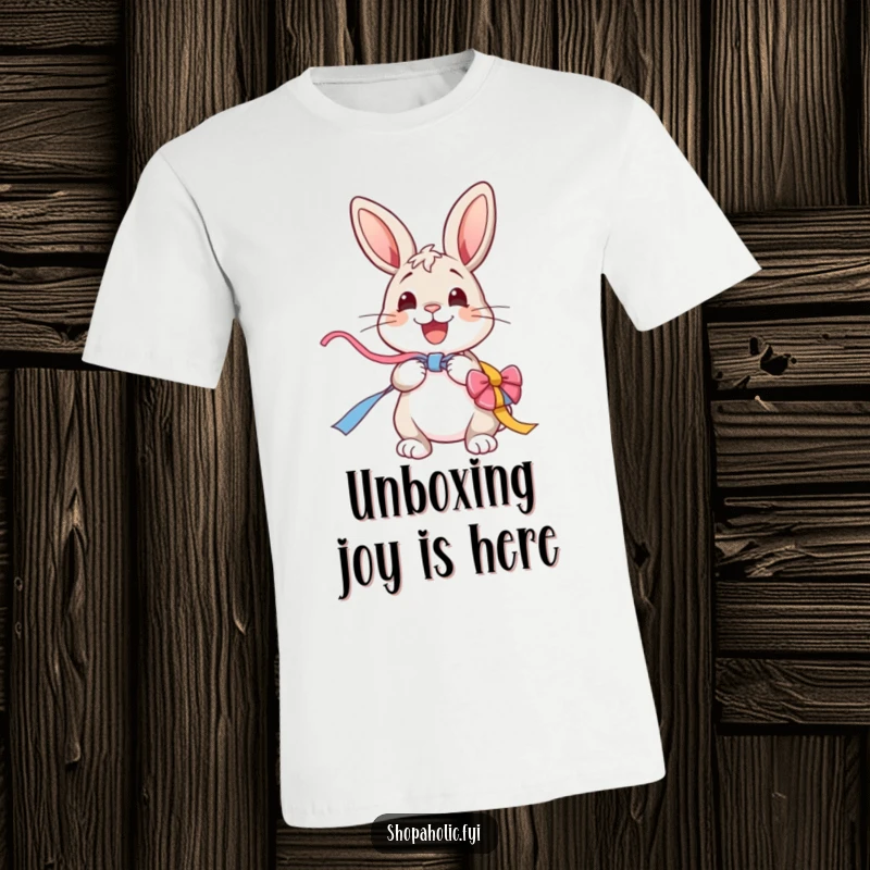 Funny Bunny T-Shirt: A cheerful bunny excitedly unwraps a vibrant ribbon, capturing the essence of pure gift-opening bliss.