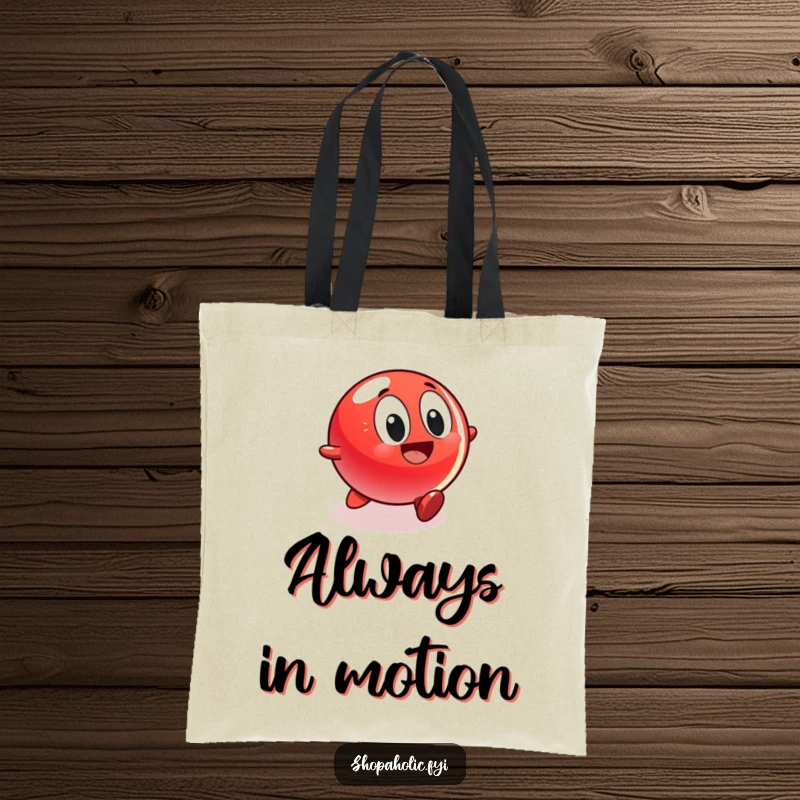 Funny tote bag featuring a dynamic red ball character rolling with immense excitement towards a dazzling, tempting display of desirable items.