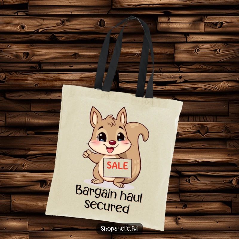 Funny squirrel tote bag, enthusiastically pointing to a sale sign, ideal for shopping trips and carrying bargains, a funny gift.