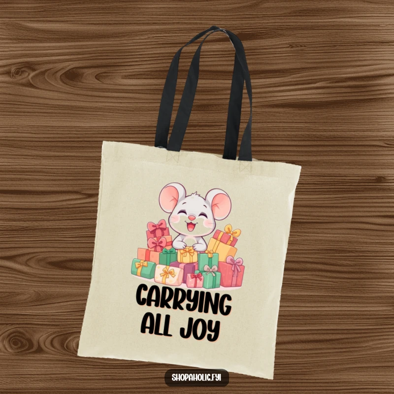Funny tote bag design with a joyful mouse character surrounded by a big stack of wrapped gifts, perfect for carrying essentials with smiles.
