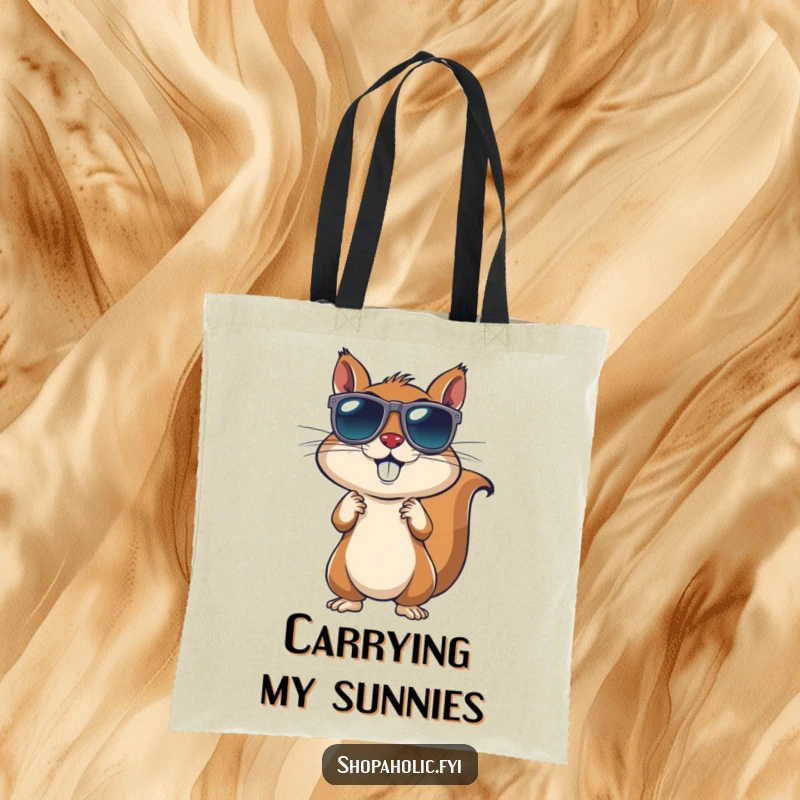 Funny Squirrel Sunglasses Tote Bag: An energetic squirrel trying on sunglasses, perfect for shoppers. Ample and amusing.