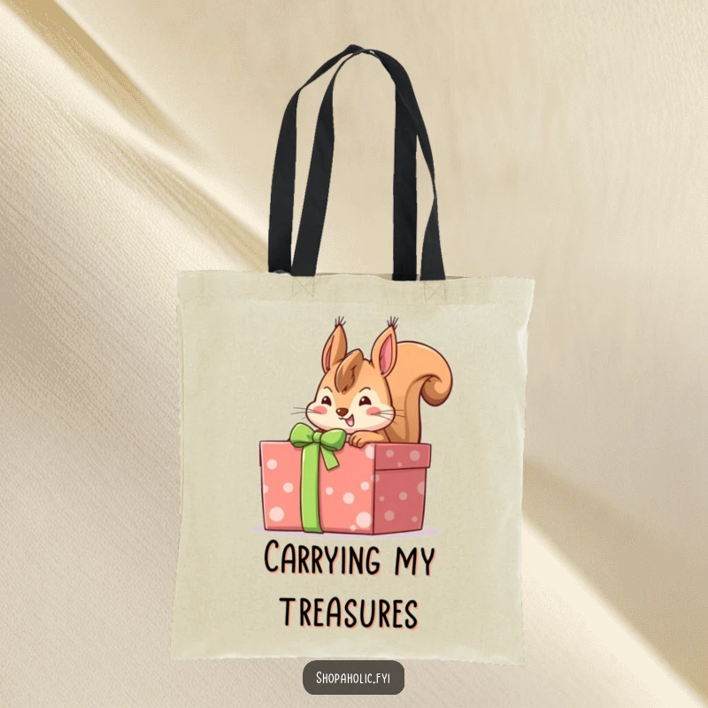 Funny squirrel peeking into a large gift-wrapped box with anticipation, a humorous and practical tote bag for gift lovers.