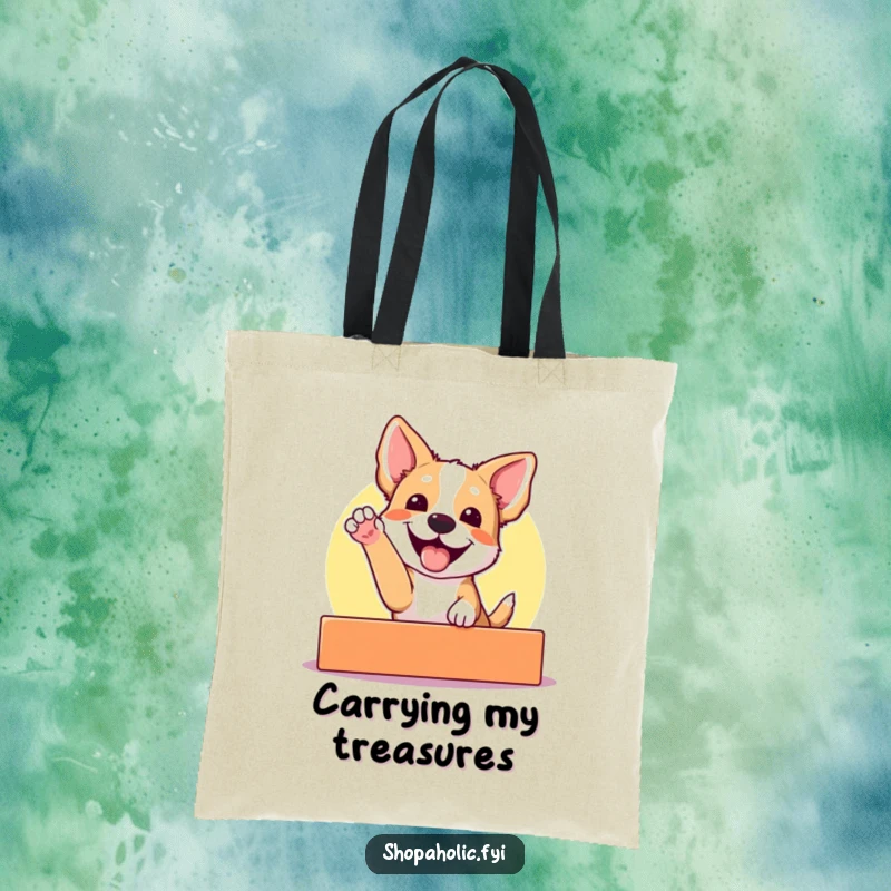 Funny tote bag with an excited dog gleefully reaching for a brightly colored display, ideal for dog lovers and anyone who enjoys vibrant things.
