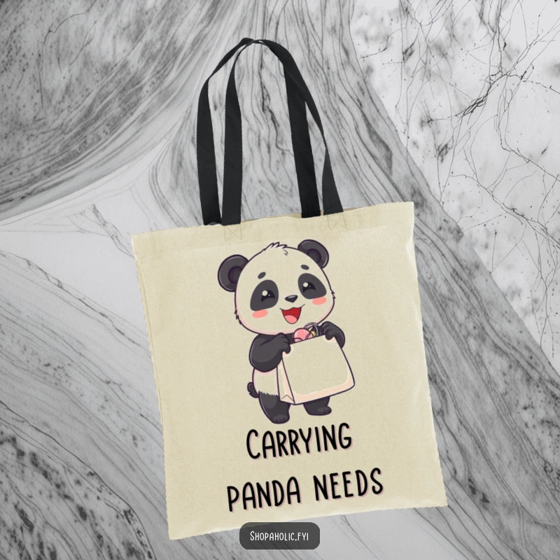 Funny tote bag featuring a delighted panda bear holding an overflowing shopping bag, a humorous and practical shopping accessory.
