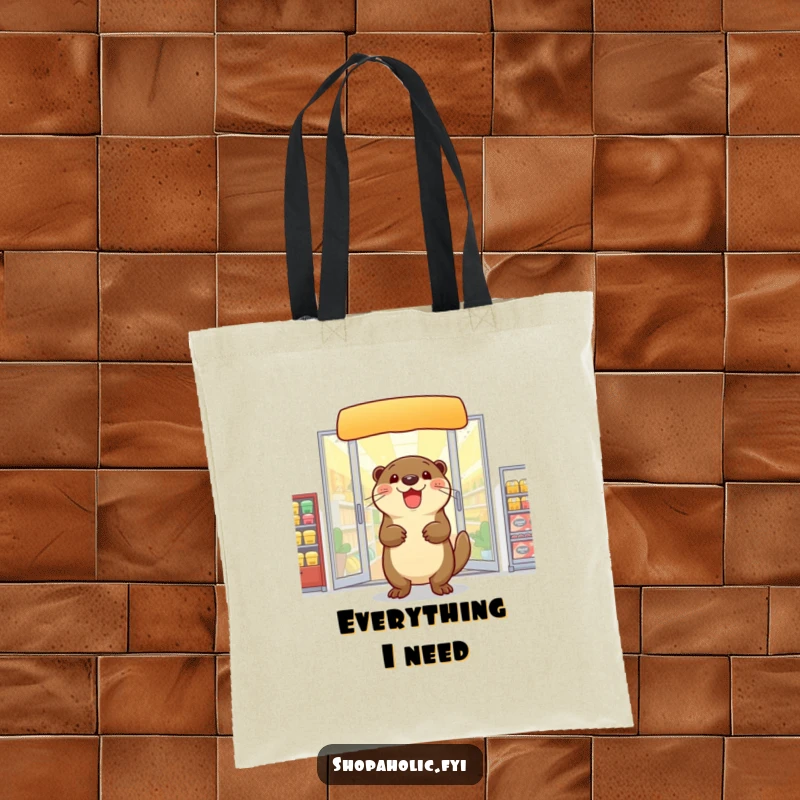 Funny otter tote bag, exiting a store with arms full, showcasing a delighted shopper, perfect for carrying purchases, a gift.