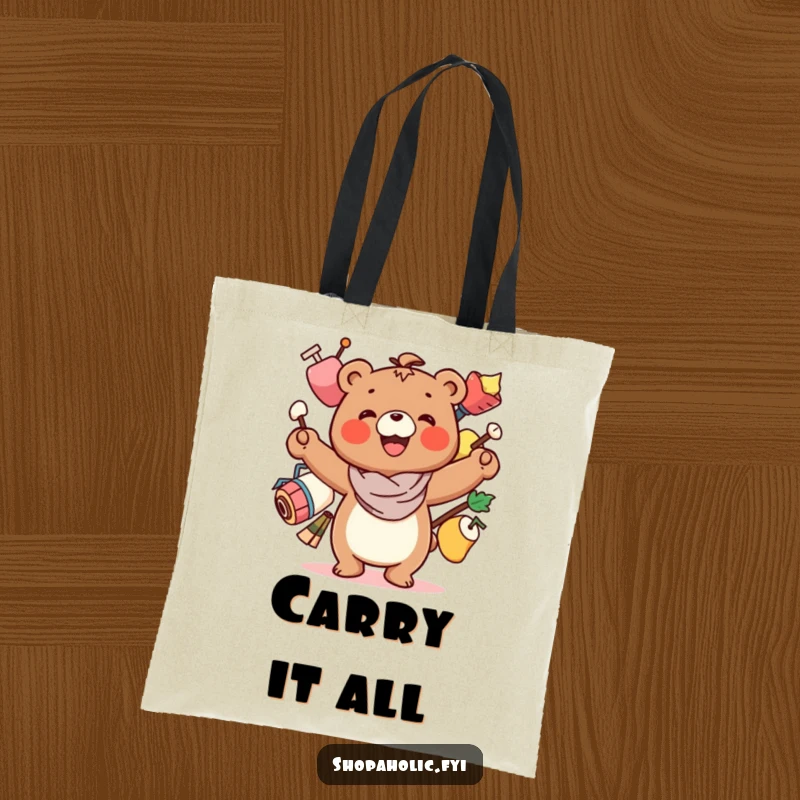 Funny Bear Tote Bag: A smiling bear character precariously balancing several items, perfect for carrying life's essentials.