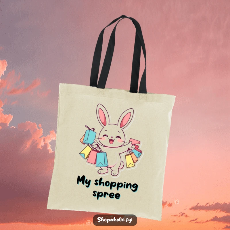 Funny Tote Bag with a cheerful bunny character joyfully holding many shopping bags, ideal for carrying purchases.