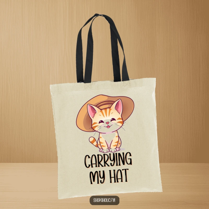 Funny tote bag depicting a happy cat character wearing an enormous, oversized hat, showcasing humorous fashion sense.