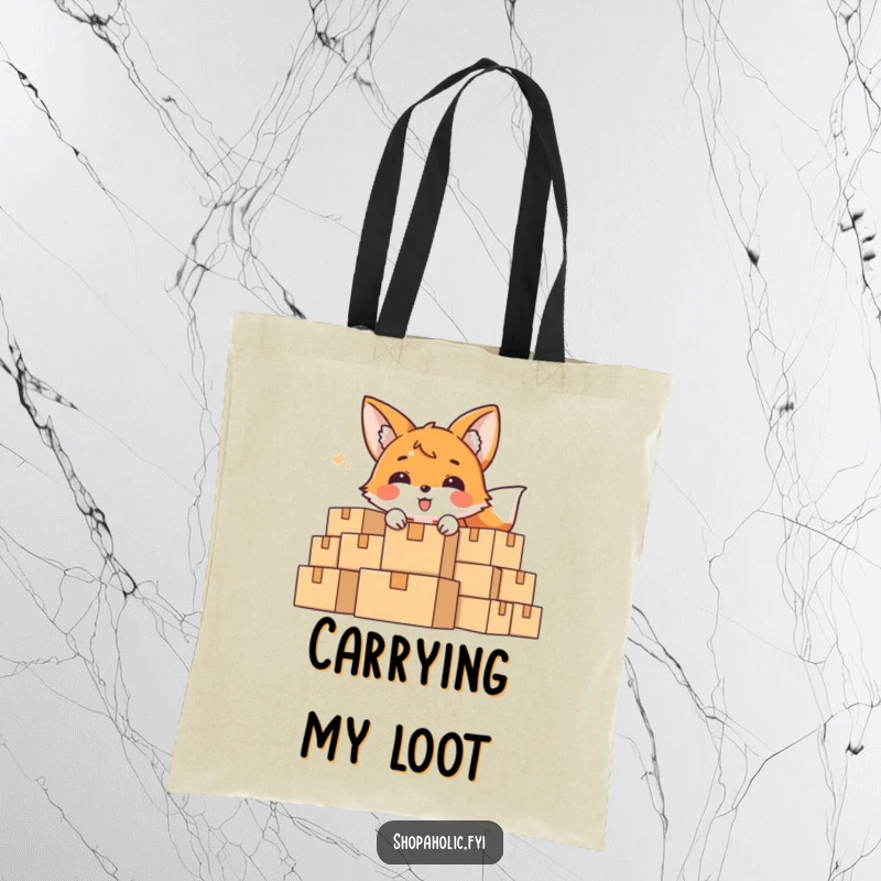 Funny Tote Bag with a delighted fox character peeking from behind a large stack of boxes, ideal for storage.