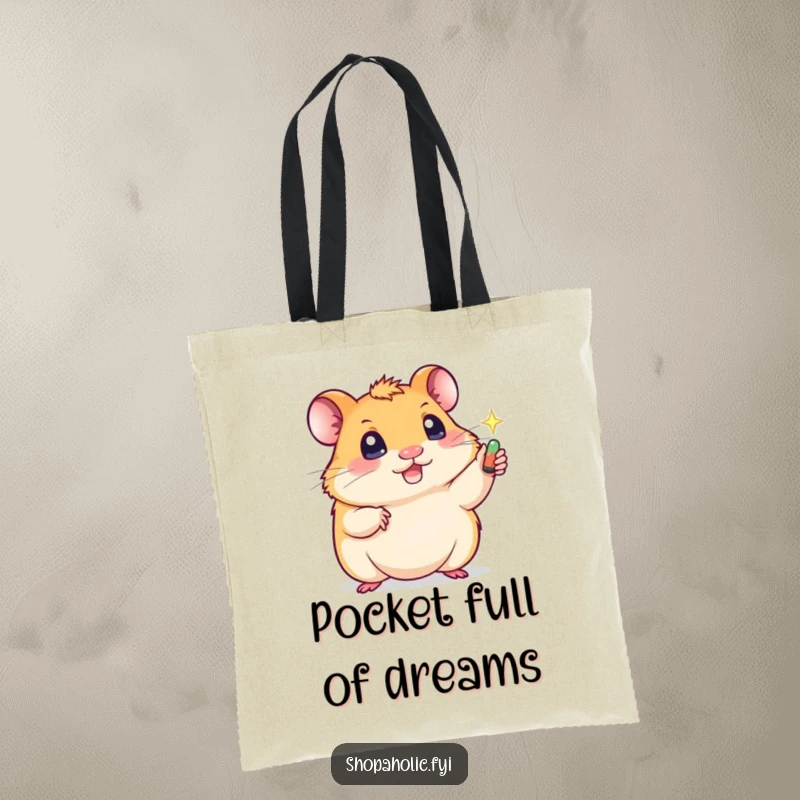 Funny tote bag featuring a cute hamster with sparkling eyes reaching for a shiny item, a humorous depiction of collecting.