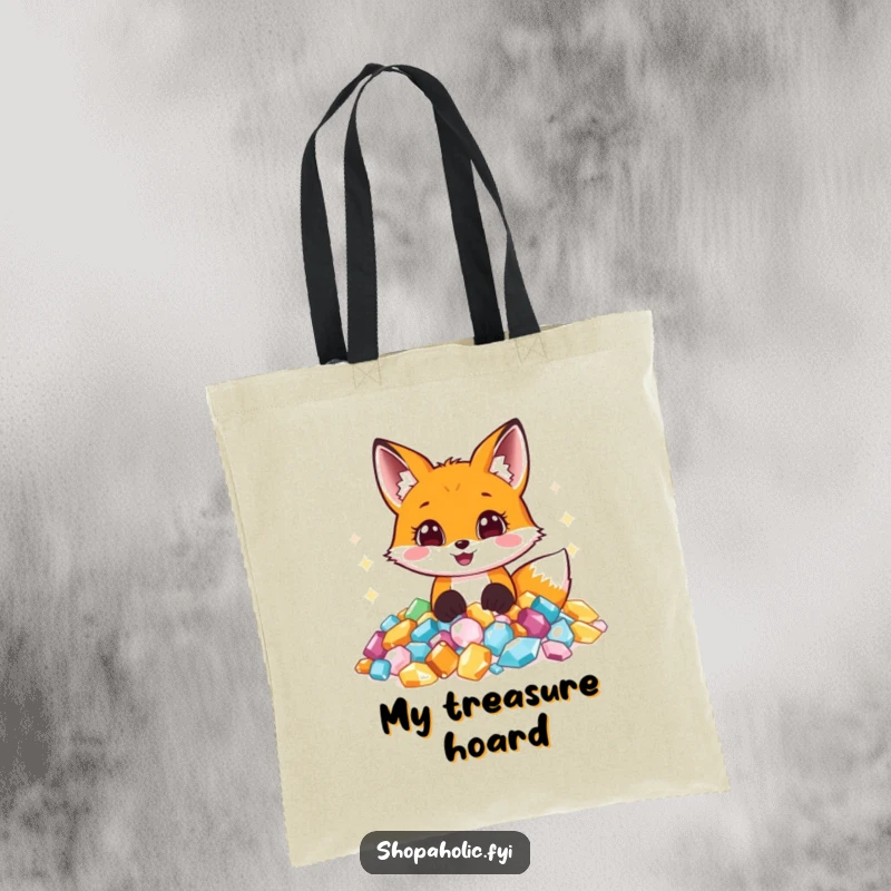 Funny tote bag depicting a gleeful fox blissfully submerged in a treasure trove of sparkling, colorful jewels, looking overjoyed.