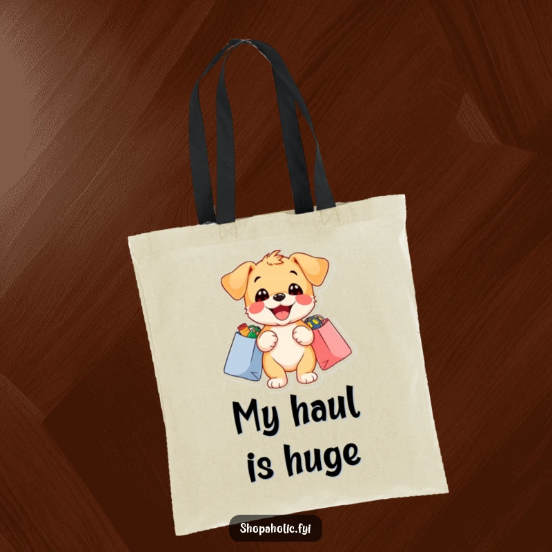 Funny puppy tote bag with a delighted puppy holding shopping bags overflowing with colorful items.