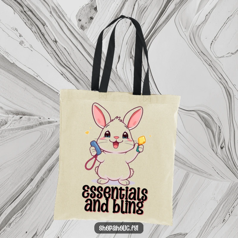 Funny Tote Bag: A grinning rabbit proudly holds a gleaming new accessory, ready for shopping adventures, bringing humor and style.