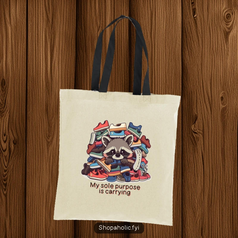 Funny Raccoon Tote Bag: A curious raccoon peeks from behind a huge pile of shoes, ready to carry your treasures.
