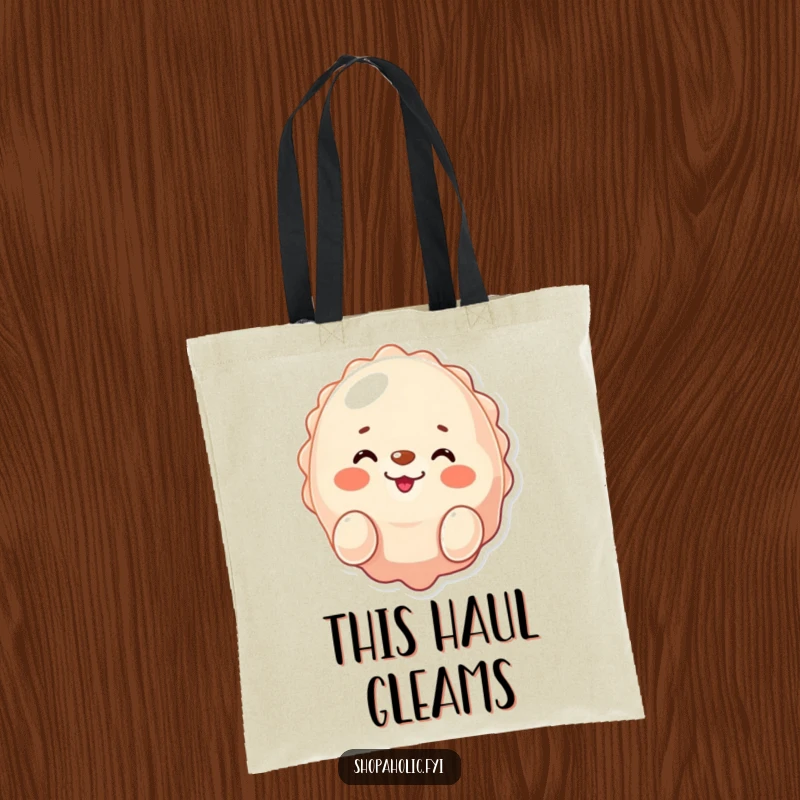 Funny seal tote bag, winking and smiling while presenting a shiny purchase, perfect for carrying treasures, a gift.