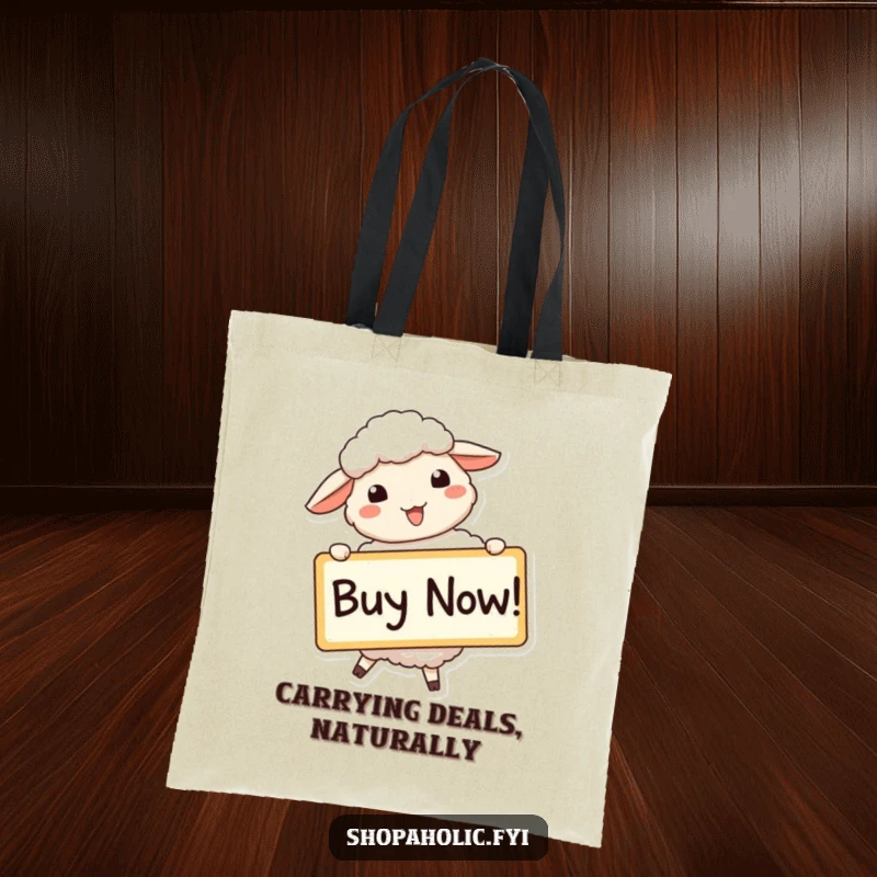 Funny sheep tote bag with a beaming sheep holding a large 'Buy Now!' sign, perfect for enthusiastic shoppers.