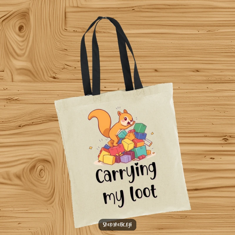 Funny tote bag with a hyperactive squirrel chasing a tumbling pile of colorful boxes, perfect for carrying odds and ends.