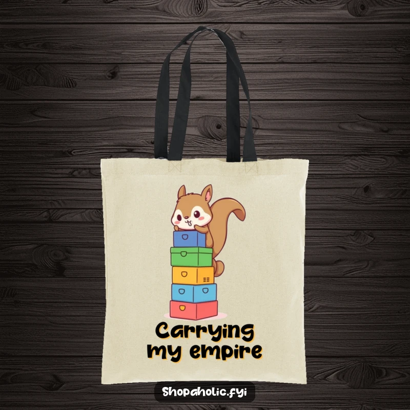 Funny Squirrel Box Tower Tote Bag - A humorous tote featuring a squirrel balancing a tall stack of colorful boxes, perfect for carrying essentials.
