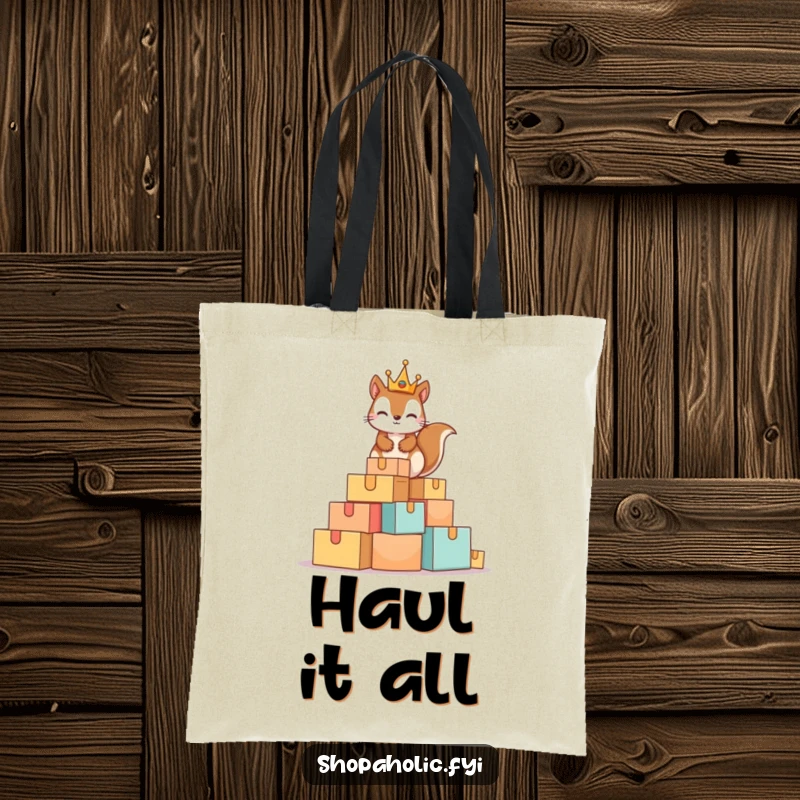 Funny Squirrel King Tote Bag featuring a mischievous squirrel with a tiny crown atop a mountain of boxes, practical for carrying treasures.