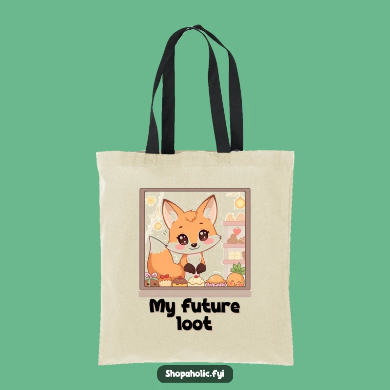Funny Fox Tote Bag: Spacious bag with wide-eyed fox and tasty goodies, a practical gift.