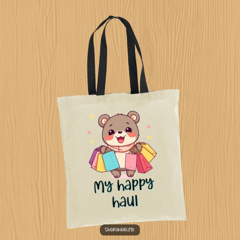 Funny Bear Tote Bag: Enthusiastic bear with a wide grin, holding many shopping bags, perfect for carrying purchases.