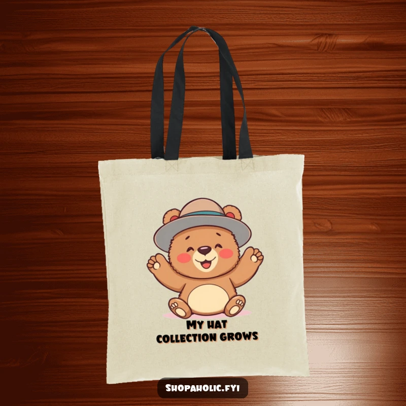 Funny tote bag with a bear proudly wearing a gigantic hat, ideal for carrying everyday items with a humorous fashion statement.