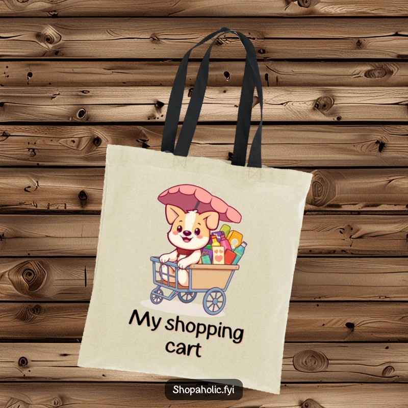Funny Dog Tote Bag: A smiling dog pulling a merchandise cart, practical and humorous for shopping trips, a unique gift.