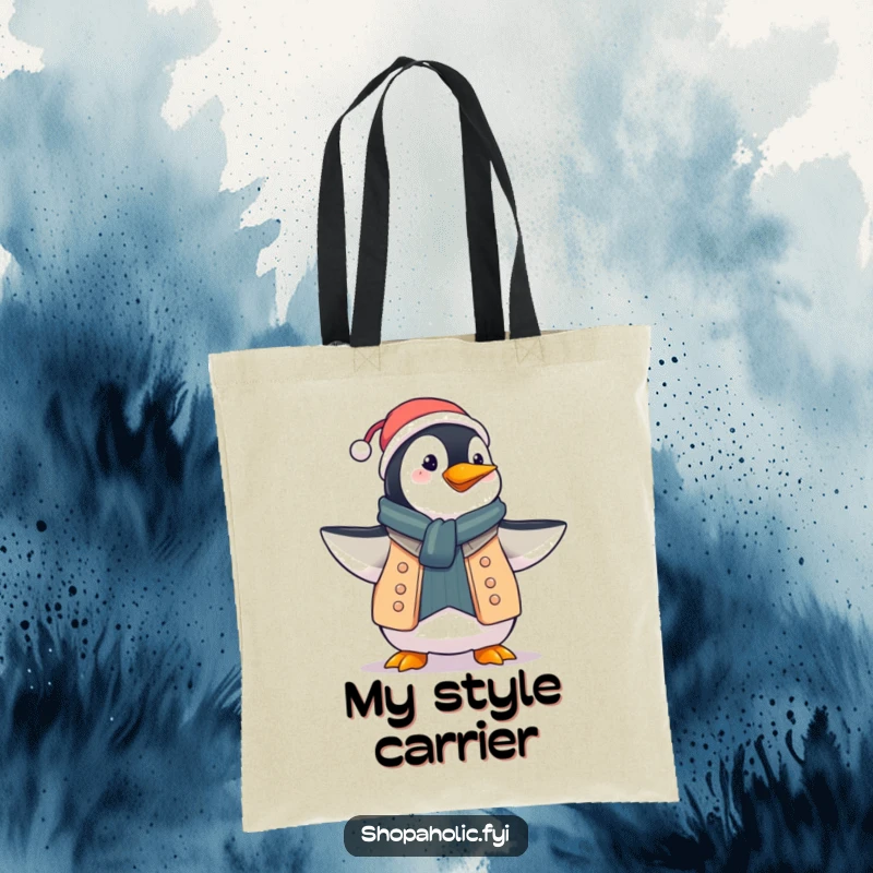 Funny penguin tote bag, proudly displaying a new outfit with a flourish, perfect for carrying stylish items, a gift.