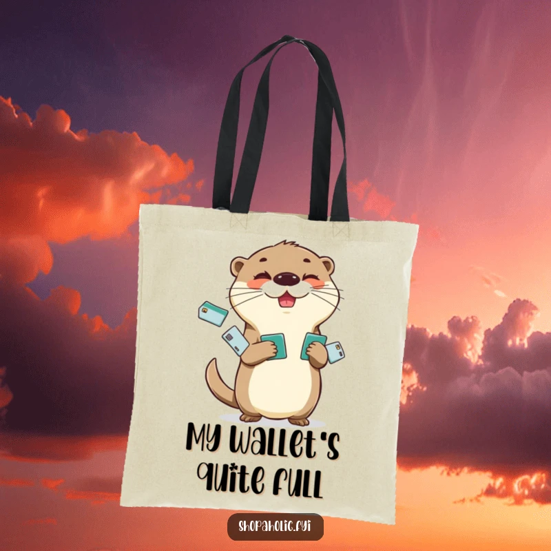 Funny Otter Tote Bag: Cheerful otter juggling credit cards with a mischievous glint, perfect for carrying essentials with humor.