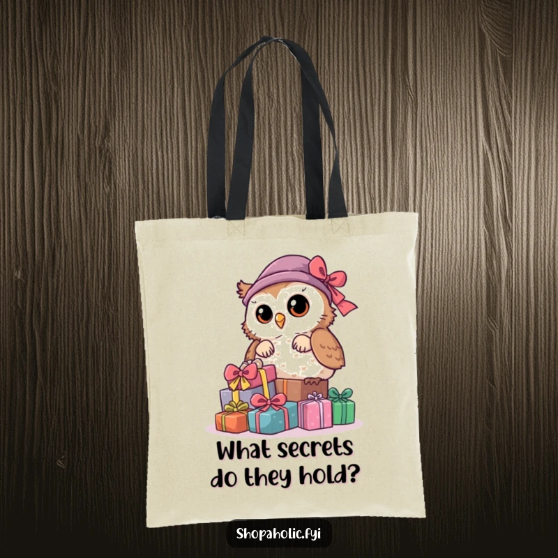 Funny Owl Tote Bag: A curious owl peeks from behind a pile of gifts, a charming and practical bag for explorers.